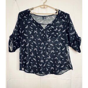 Torrid Black Sheer Bird Print Blouse Size 3 Fairy Grunge Layer Casual